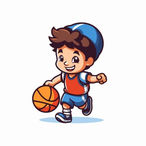 Little boy playing basketball cartoon character vector Illustrat