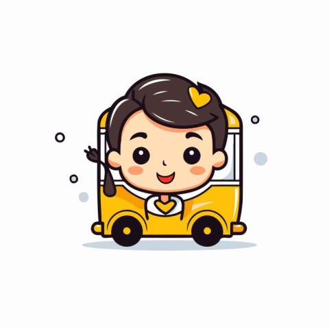 Cute school boy riding a school bus. Vector character illustrati