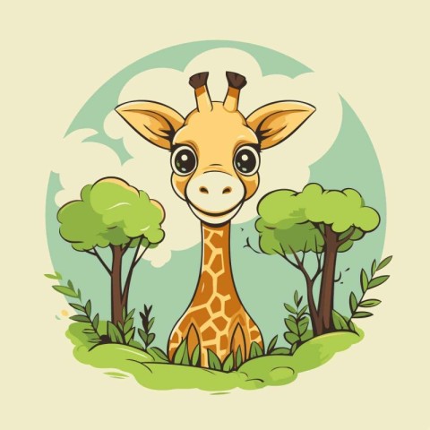 Giraffe in the jungle. Cute cartoon animal. Vector illustration.