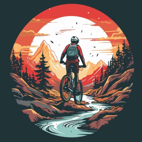 Mountain biker rides in the mountains at sunset. Vector illustra