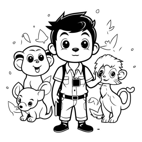 Vector illustration of Cartoon boy and little animals. Coloring