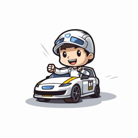 Cute boy driving a race car character cartoon vector illustratio