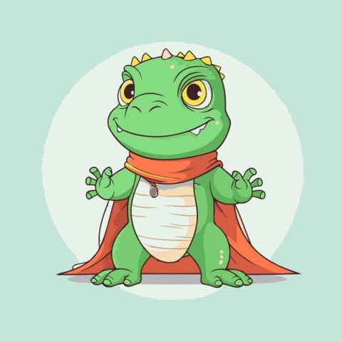 Cute green crocodile in a red cape. Vector illustration.