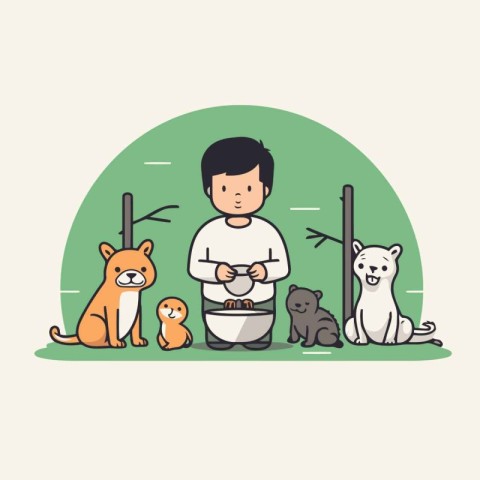 Vector illustration of a boy and his pets. Cute cartoon style.