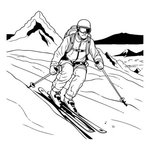 Skier skiing in mountains. Black and white vector illustration o