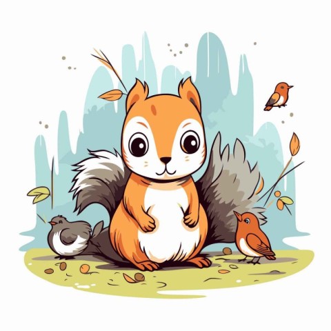 Squirrel and birds. Cute cartoon animal. Vector illustration.