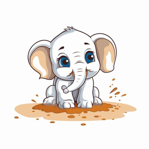 Cute baby elephant sitting on the ground. Vector illustration in