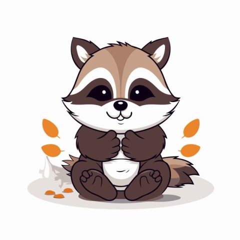 Cute raccoon sitting on the ground with autumn leaves. Vector il