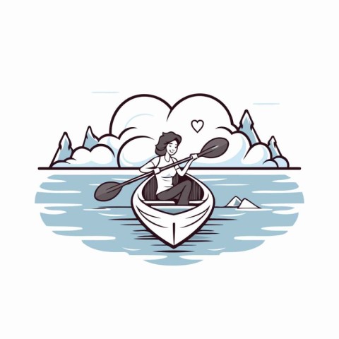 Vector illustration of a man rowing a boat on the lake.