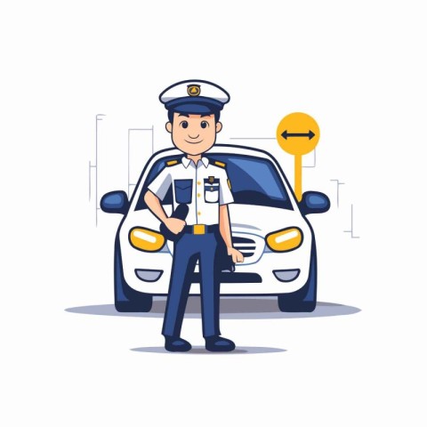 Policeman in uniform standing next to car. Vector illustration.