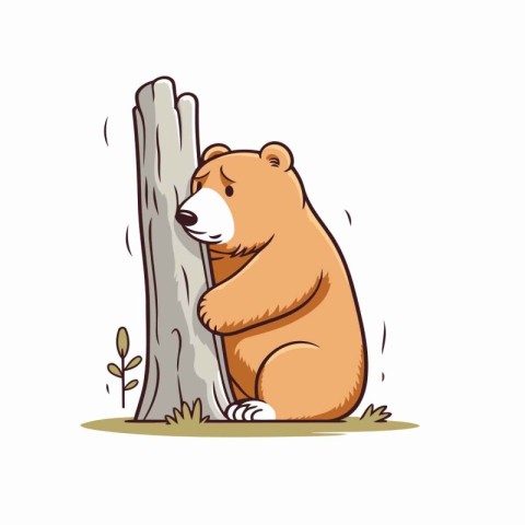 Cute brown bear sitting on a tree trunk. Vector illustration.