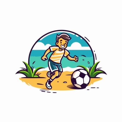 Soccer player with ball on the beach. Vector illustration in car