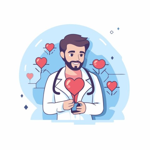 Male doctor holding red heart in his hand. Vector illustration i