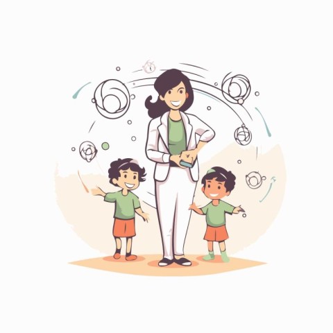 Vector illustration of a woman doctor and her children. The conc