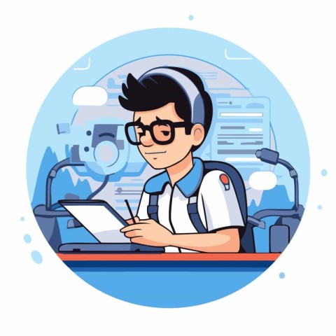 Doctor with stethoscope and laptop at hospital vector illustrati