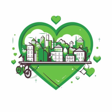 Vector illustration of green city with heart shape and bicycle.