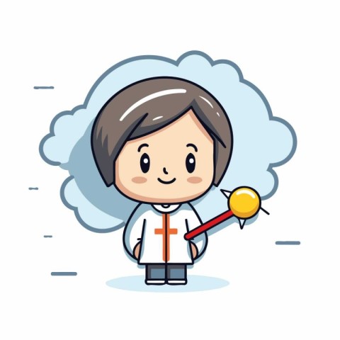 Cute Doctor Boy Holding Magnifying Glass - Cartoon Vector Illust