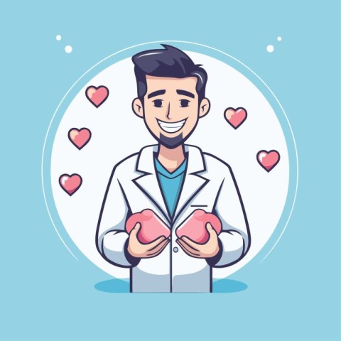 Vector illustration of a male doctor holding a heart in his hand