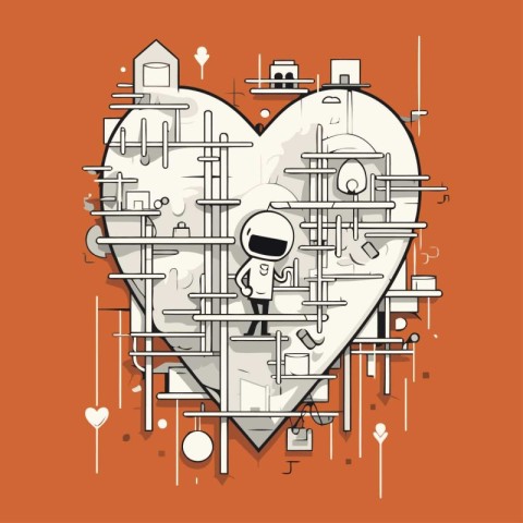 Valentine's day card with a robot and a heart. Vector illustrati