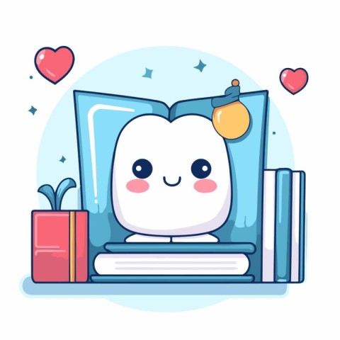 Books and hearts. Cute cartoon character. Education concept. Vec