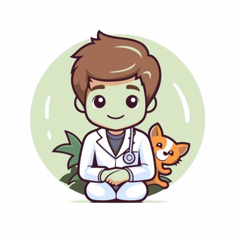 Vector illustration of a cute cartoon veterinarian with a cat in