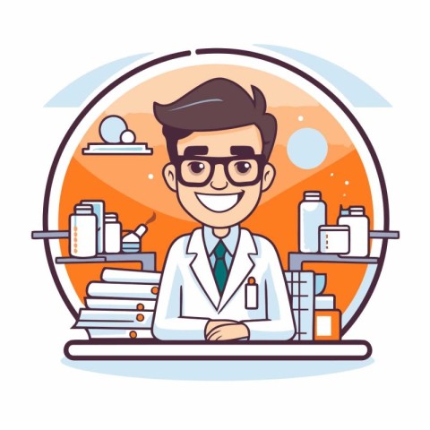 Cartoon doctor in the medical office. Vector illustration in a f