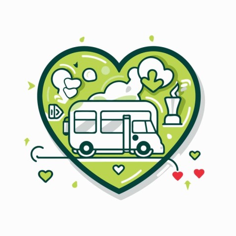 Vector illustration of camper van in heart shape. Line art desig