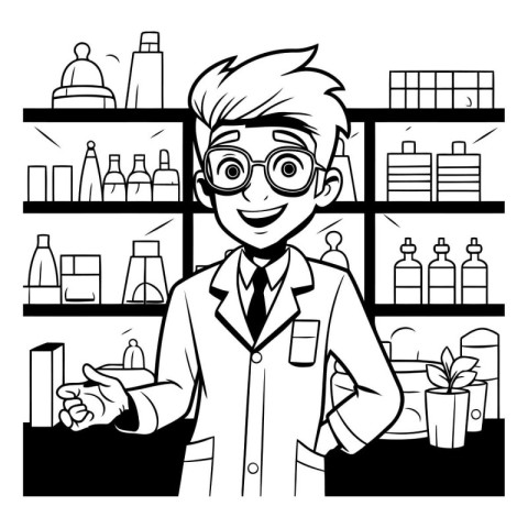 Pharmacist in a drugstore. Black and white illustration.