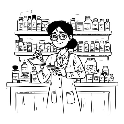 Woman pharmacist in the drugstore. Black and white vector illust