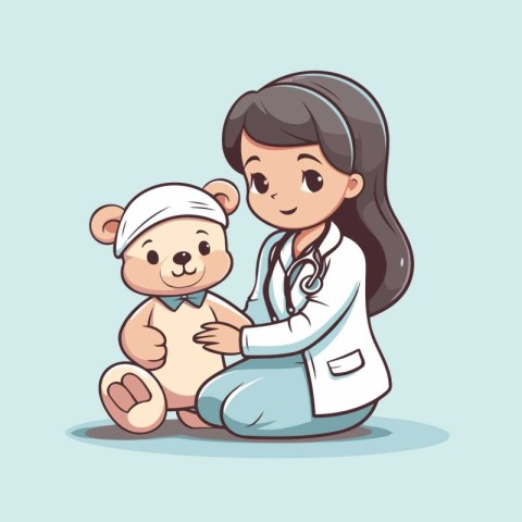 Vector illustration of a cute little girl playing doctor with te