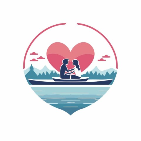 Couple in love on a boat in the lake. Vector illustration.