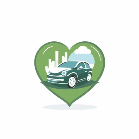 Green car in heart shape with cityscape. Vector illustration in