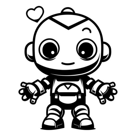 Cute little robot in love. Black and white vector illustration.