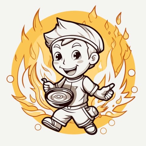 Cartoon chef with frying pan on fire background. Vector illustra