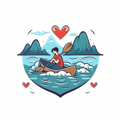 Couple in a canoe on the lake. Cartoon vector illustration.