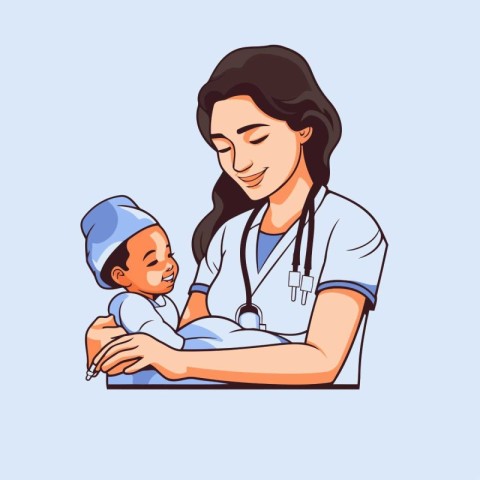 Nurse holding a newborn baby in her arms. Vector illustration.