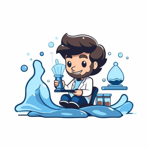 Illustration of a cartoon scientist working in a lab. Vector ill