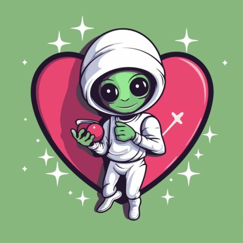 Astronaut with a red heart on a green background. Vector illustr