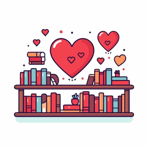 Bookshelf with books and hearts. Vector illustration in flat sty