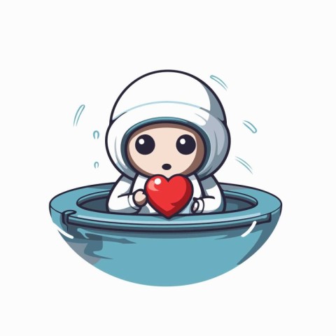 Cute astronaut with heart in a bowl of water. Vector cartoon ill