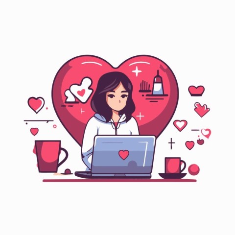 Valentine day greeting card. Woman with laptop and cup of coffee