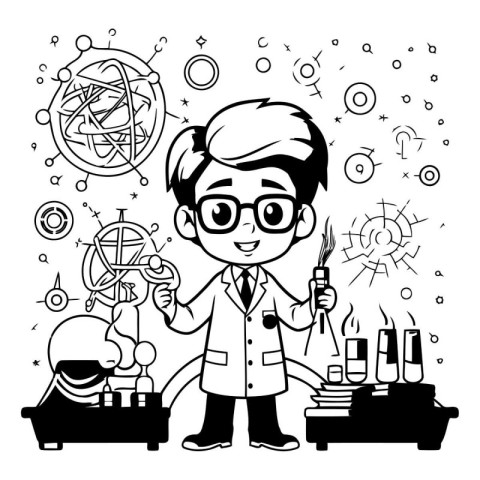 Scientist working in the laboratory. Black and white vector illu