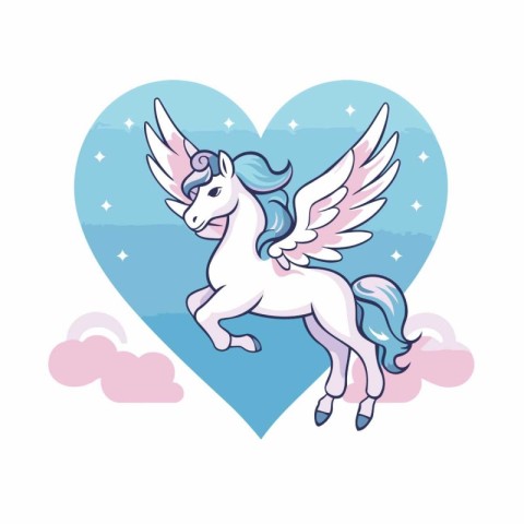 cute unicorn with wings and heart in the sky vector illustration