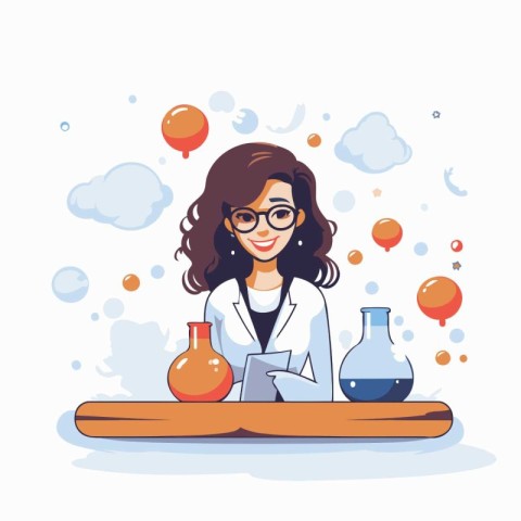 Scientist woman cartoon character in lab coat and glasses. Vecto