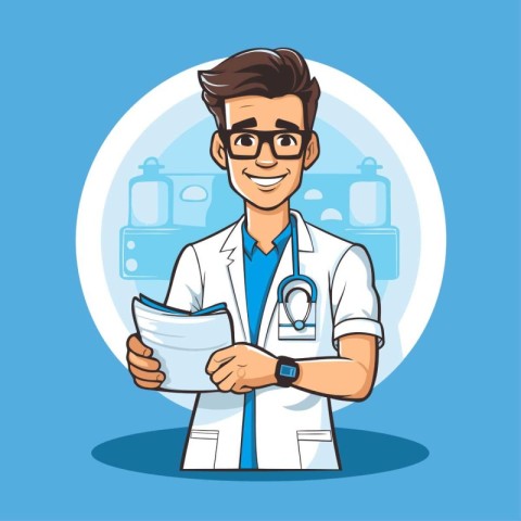 Doctor with stethoscope and clipboard. Vector illustration in ca