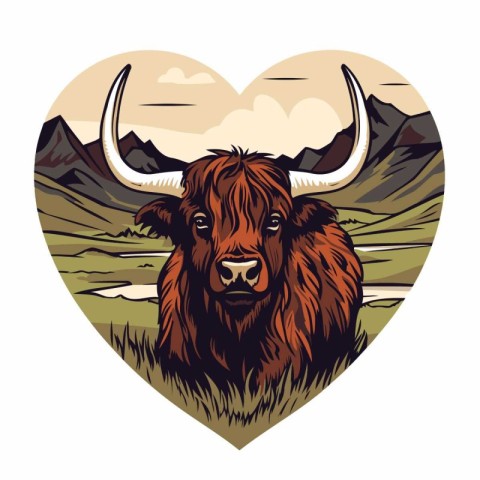 Yak head in the heart of the mountains. Vector illustration.