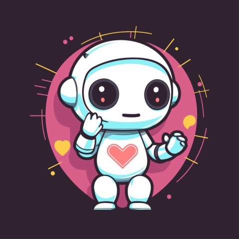 Cute little robot with heart. Cute cartoon vector illustration.