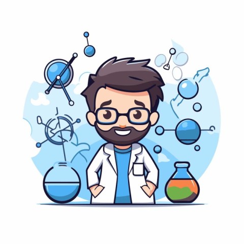 Scientist with a beard and glasses in a laboratory. Vector illus