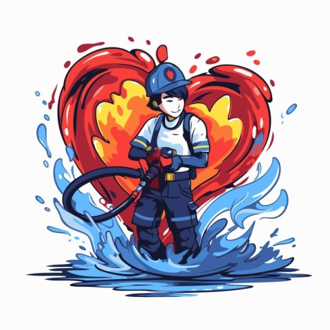 Firefighter with hose and heart. Vector illustration on white ba