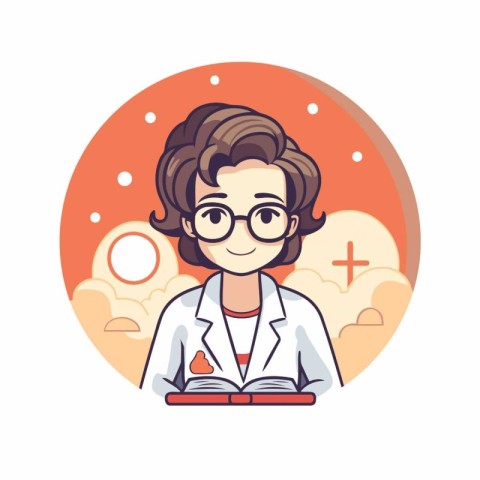 Vector illustration of a boy in a white coat and glasses reading